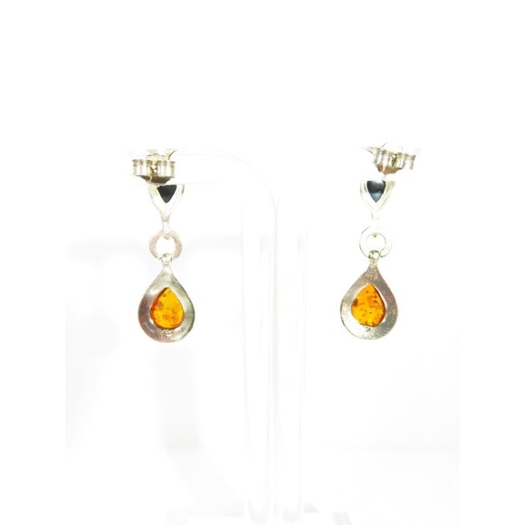 Yellow & Honey Baltic Amber Dangling Earrings Sterling Silver 1 1/4" Drop - Picture 5 of 7